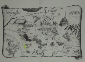 Die Karte hängt direkt hinter mir am Schrank und wird jetzt nach den aktuellen Geschehnissen im Niemandsland geändert oder ergänzt. Wer näher ran geht, erkennt die ersten handschriftlichen Eintragungen.